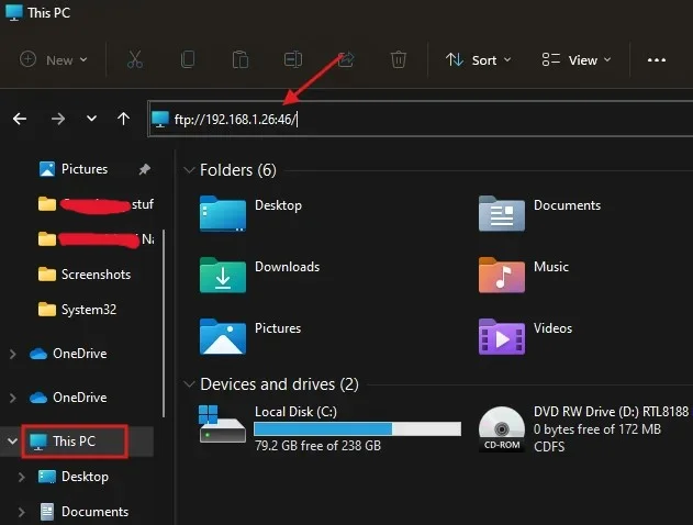 Entering FTP address in beradcrumb bar in Windows File Explorer