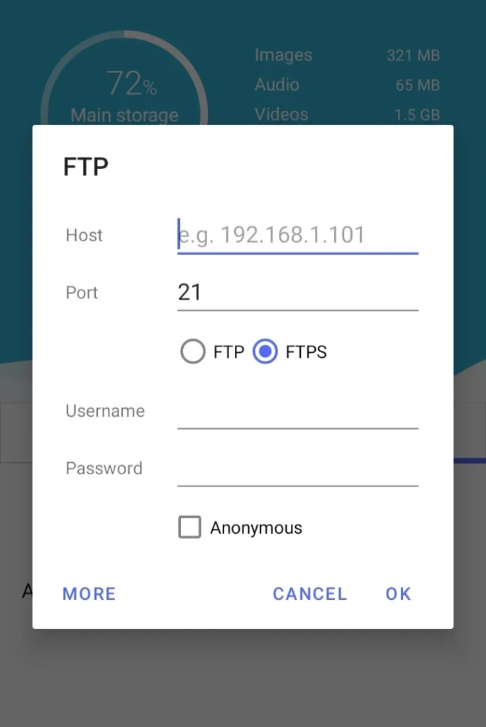 Fields to enter FTP details in Cx File Explorer