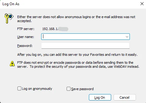 Fields to enter FTP details in PC