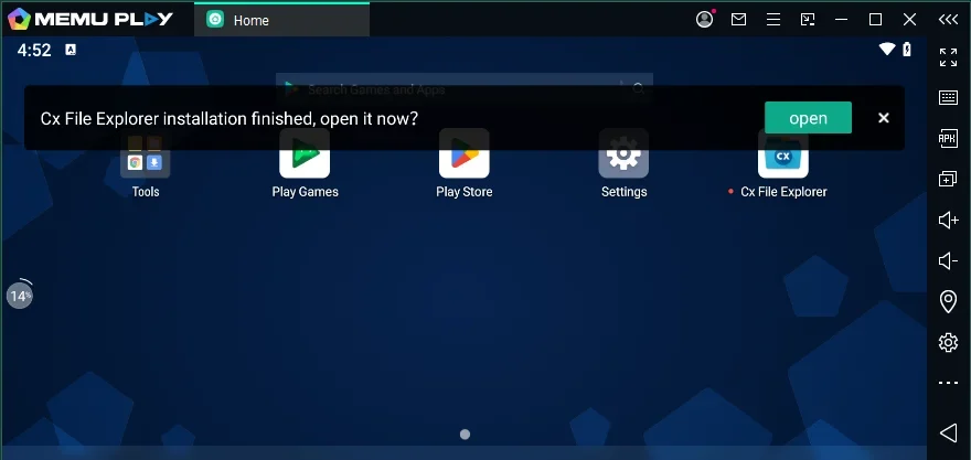Cx File Explorer APK installation finished notification in MEmu emulator