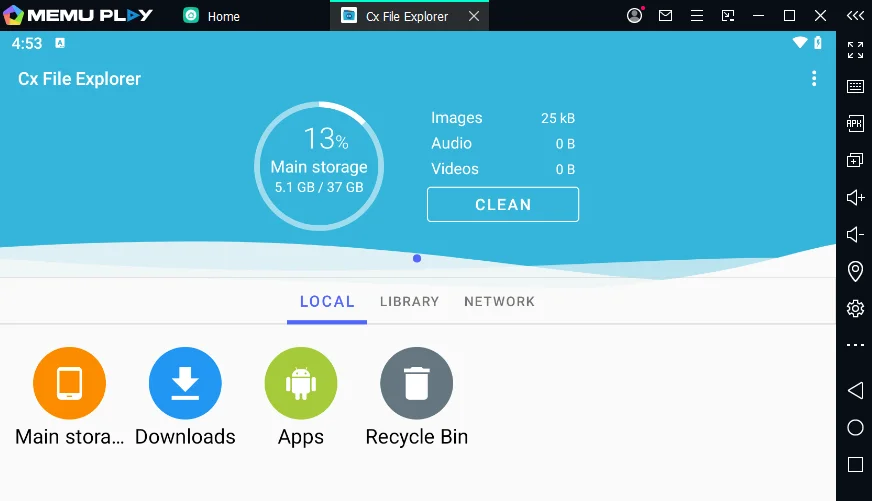 Cx File Explorer running in MEmu emulator